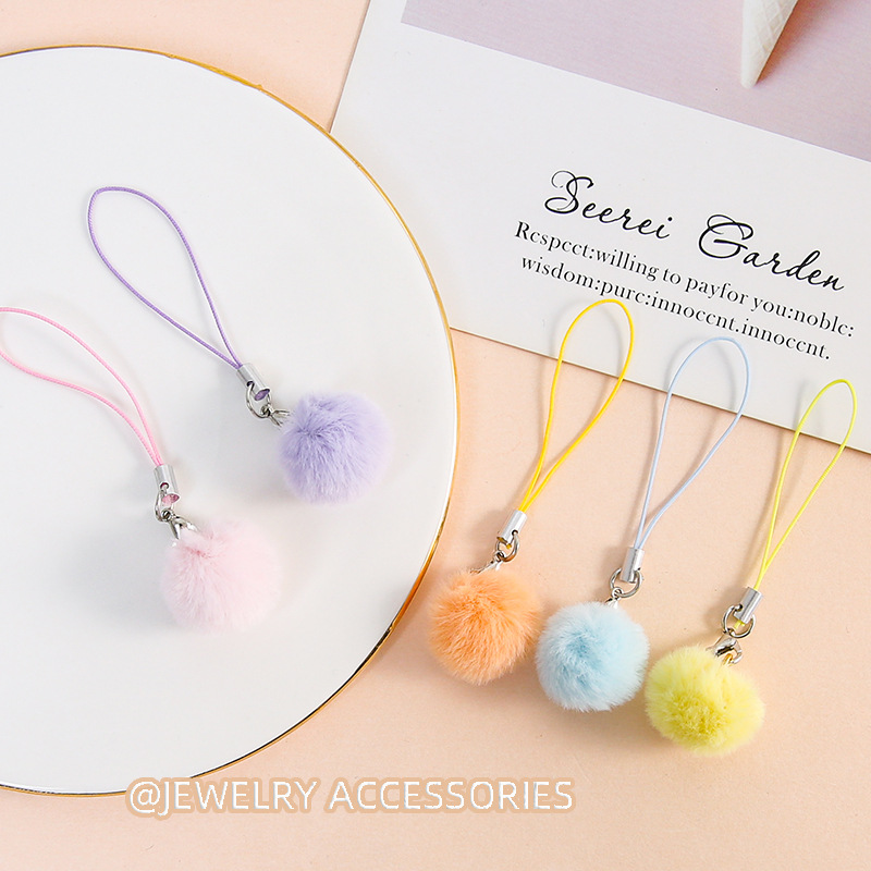 Colorful sweet plush fluff ball mobile phone rope diy handmade pendant mobile phone case bag pendant jewelry wholesale