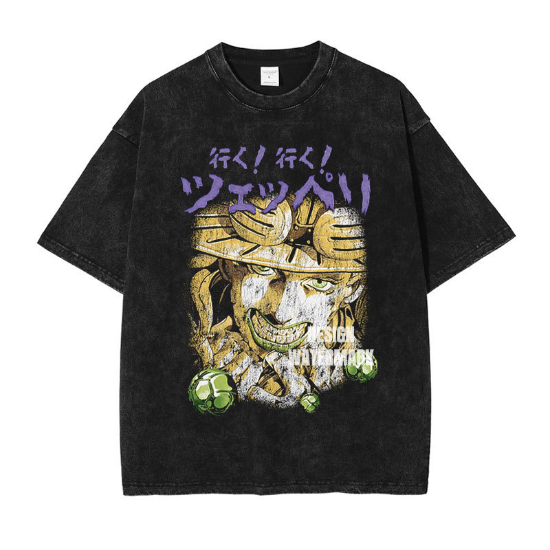 European Size Cotton Tjojo Steel Ball Run T-Shirt Vintage Washed Zeppeli Gy