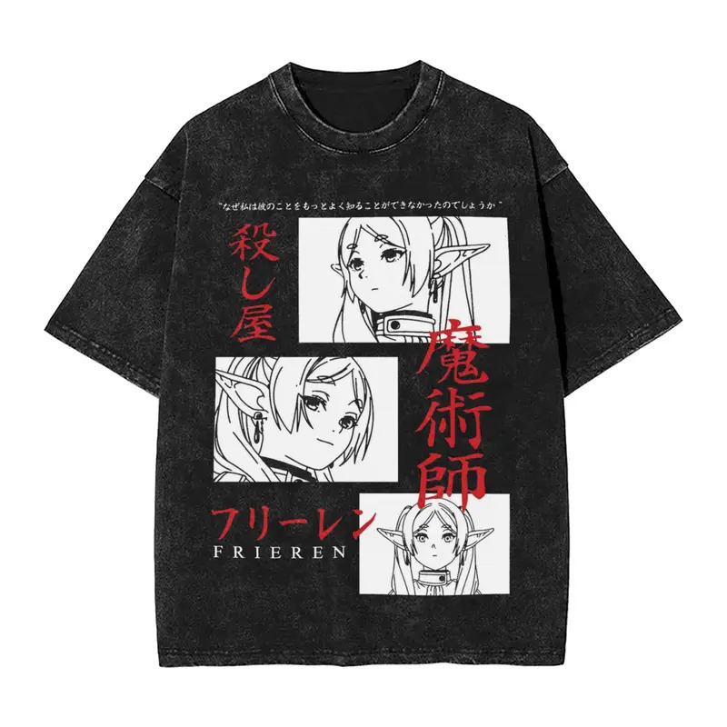 European Size Cotton T-Shirt with Floral Print for Anime, Washed Cotton Vintage Summer Short-Sleeve Top