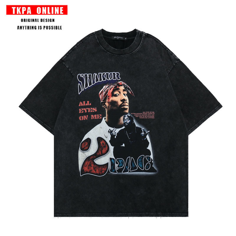 Cross-Border European Size Printed Retro Hip-Hop Men's T-Shirt Rap Short-Sleeve Singer Vintage Washed European Style