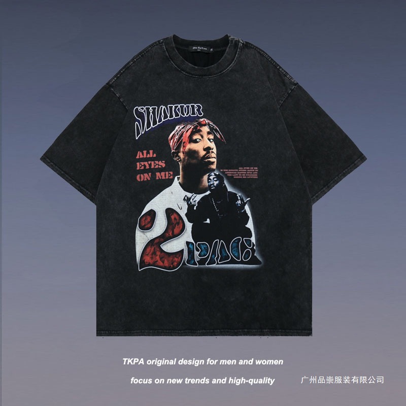 Cross-Border European Size Printed Retro Hip-Hop Men's T-Shirt Rap Short-Sleeve Singer Vintage Washed European Style