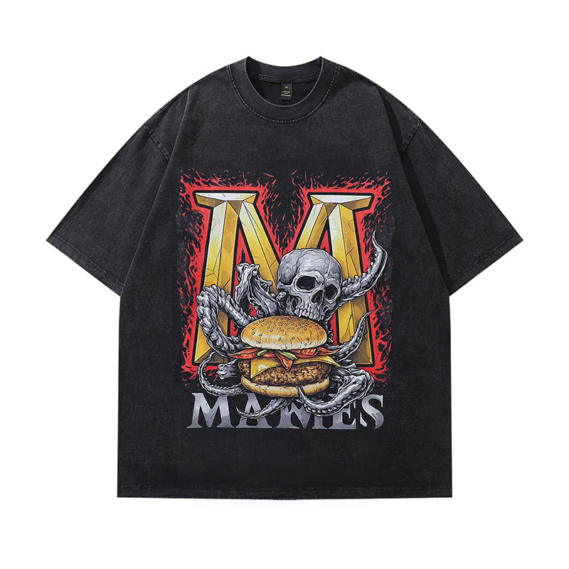 European Size Cotton T-Shirt Cartoon Trendy Brand Printed Weight Washed Men's and Women's 230t Collar Loose Short Sleeves Fun