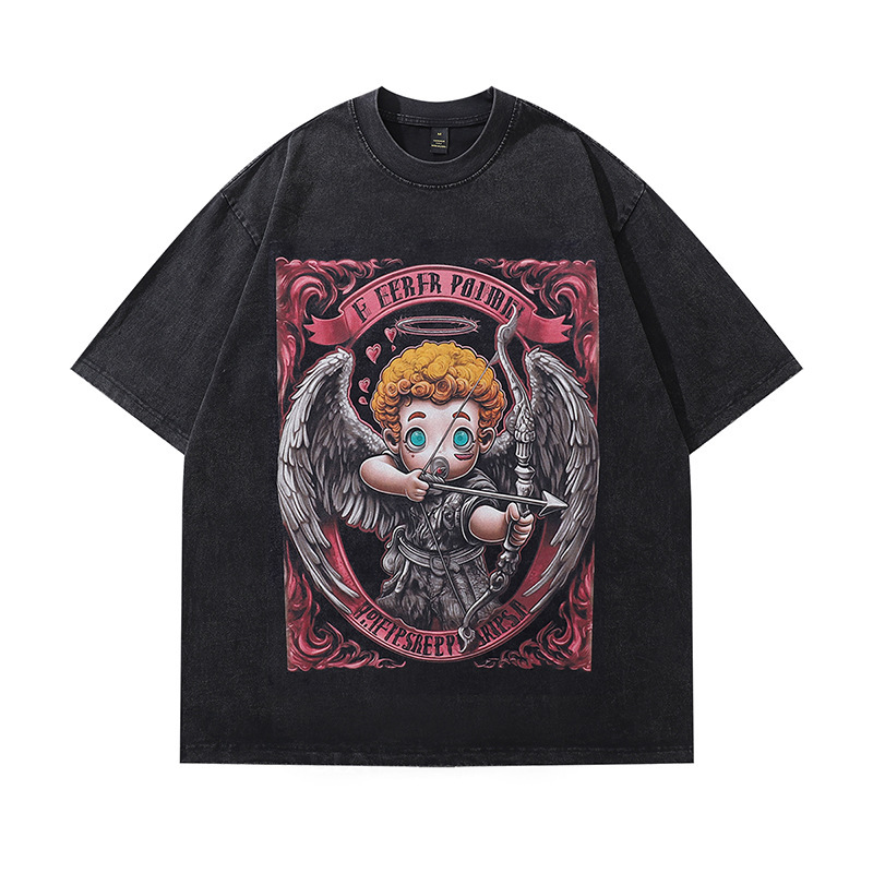 European Size Cotton T-Shirt Cartoon Trendy Brand Printed Weight Washed Men's and Women's 230t Collar Loose Short Sleeves Fun