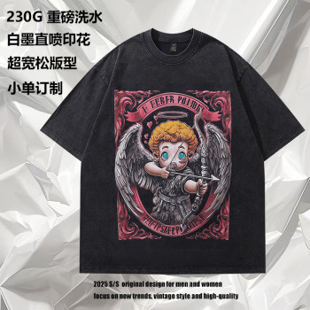 European Size Cotton T-Shirt Cartoon Trendy Brand Printed Weight Washed Men's and Women's 230t Collar Loose Short Sleeves Fun