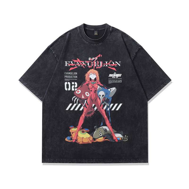 Cross-Border European Size Anime Vintage Y2K Short-Sleeve Printed Shirt Oversized T-Shirt Washed T-Shirt Unisex Harajuku Style