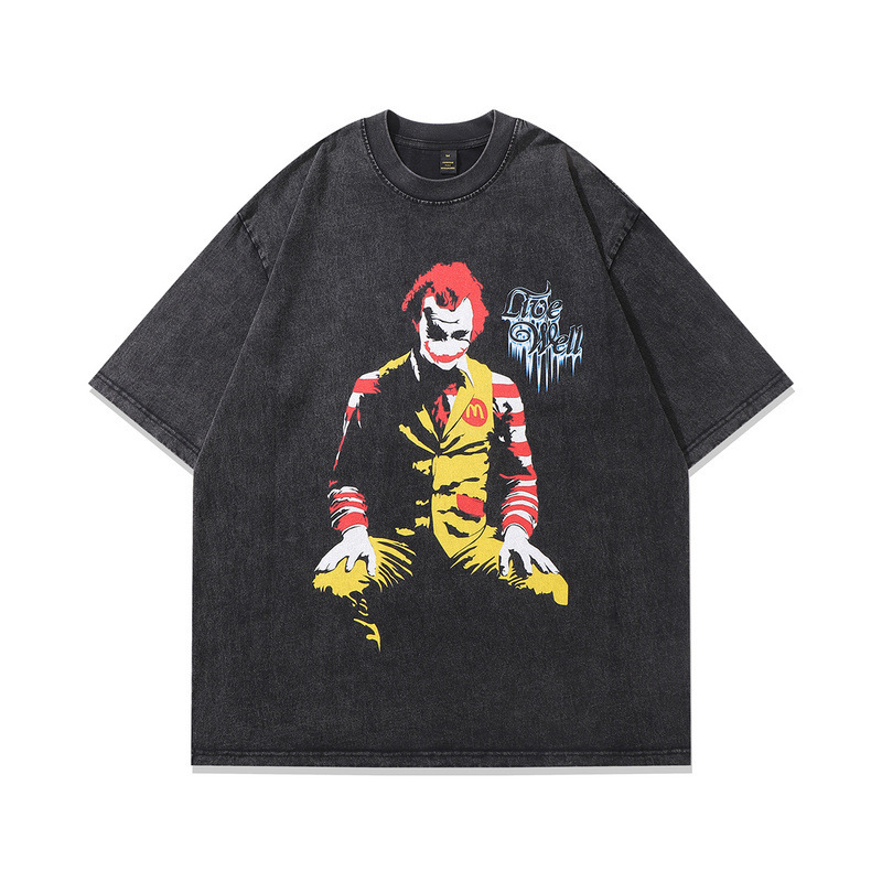 European Size Cross-Border High Street Short-Sleeve Large American Style 230g Unisex Printed Vintage Cross-Border T-Shirt Gangsta Washed T-Shirt Style