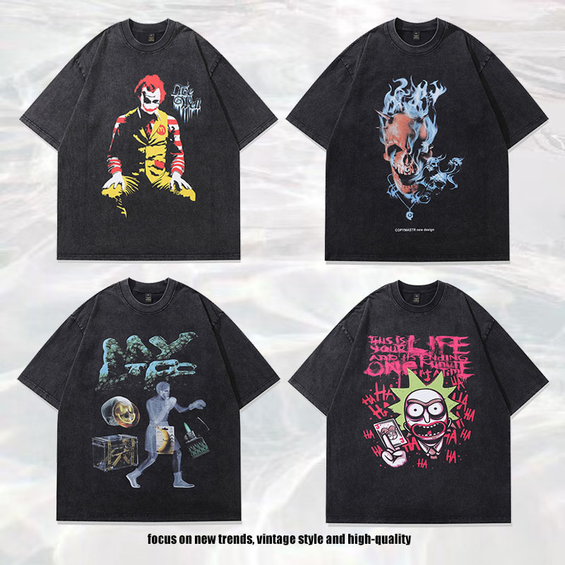 European Size Cross-Border High Street Short-Sleeve Large American Style 230g Unisex Printed Vintage Cross-Border T-Shirt Gangsta Washed T-Shirt Style
