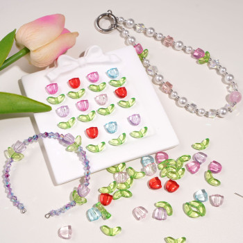 Acrylic tulip petals leaves hand string beads handmade diy bracelet earrings jewelry decorative accessories wholesale