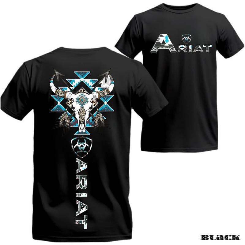 Specially Designed for Cross-Border Cotton Ariat T-Shirt - Western Tribal Bull Skull Graphic,