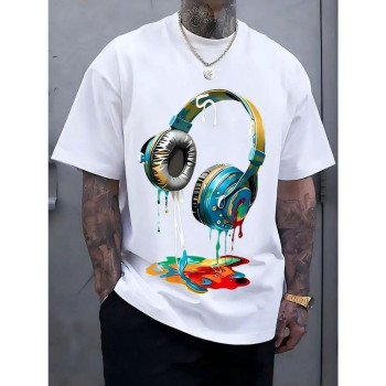Specially Designed for Cross-Border Cotton Men's Navy Blue Graphic Tee with Vibrant Headphone