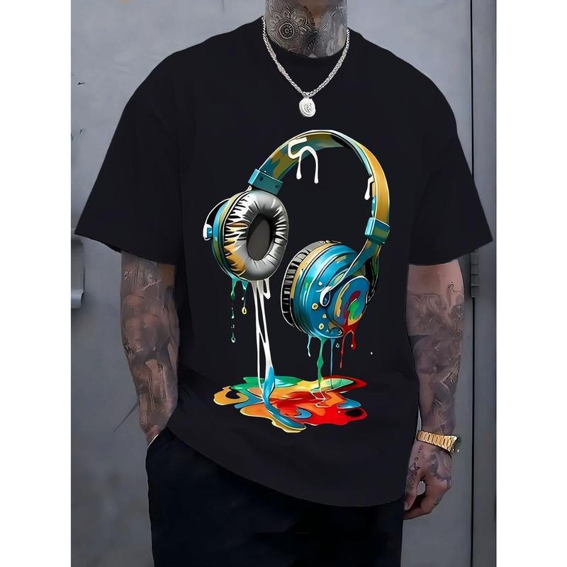 Specially Designed for Cross-Border Cotton Men's Navy Blue Graphic Tee with Vibrant Headphone