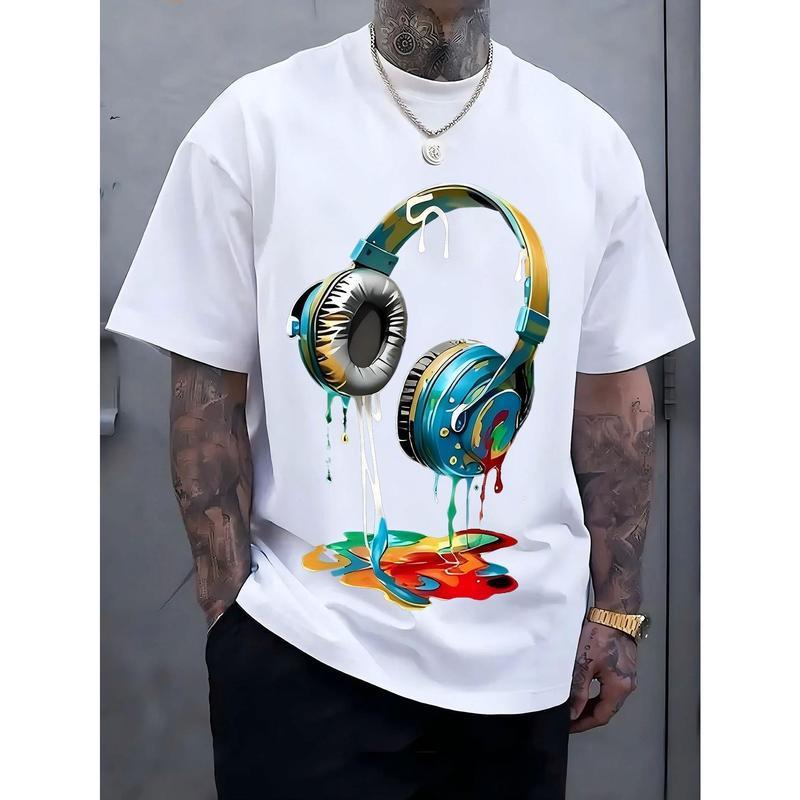 Specially Designed for Cross-Border Cotton Men's Navy Blue Graphic Tee with Vibrant Headphone