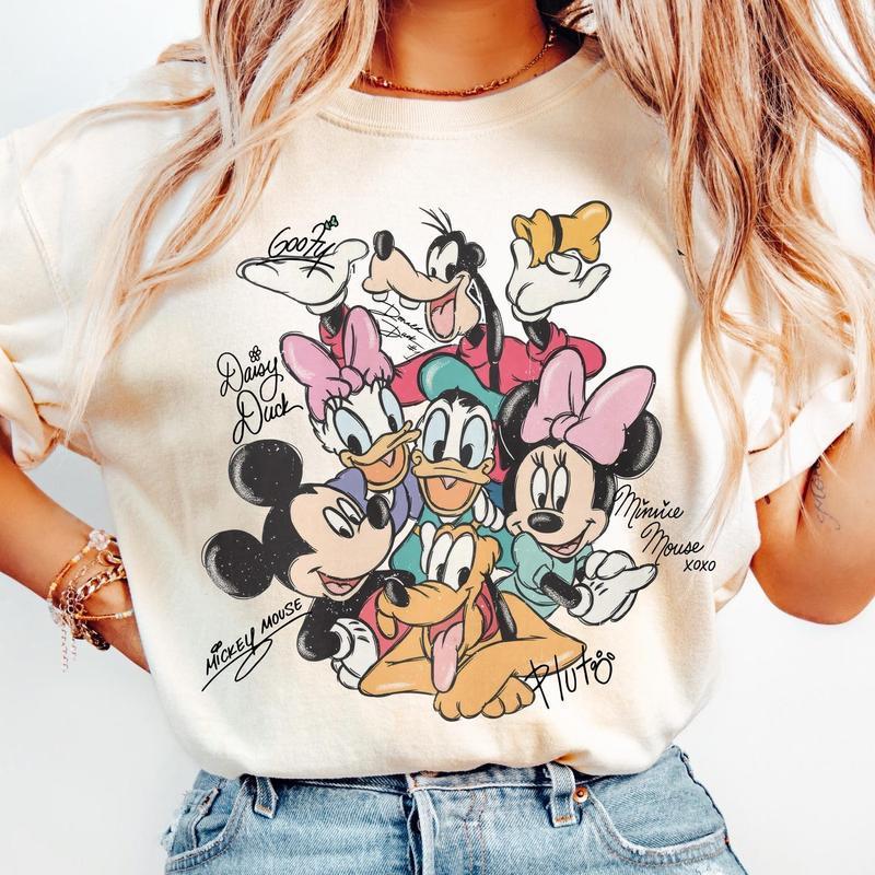 European Size Cross-Border Cotton Retro Mickey and Friends Signatures Shirt, Magical