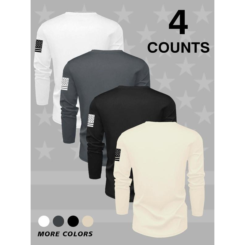 European Size Cross-Border Cotton Men's Letter & Flag Print Round Neck Long Sleeve t