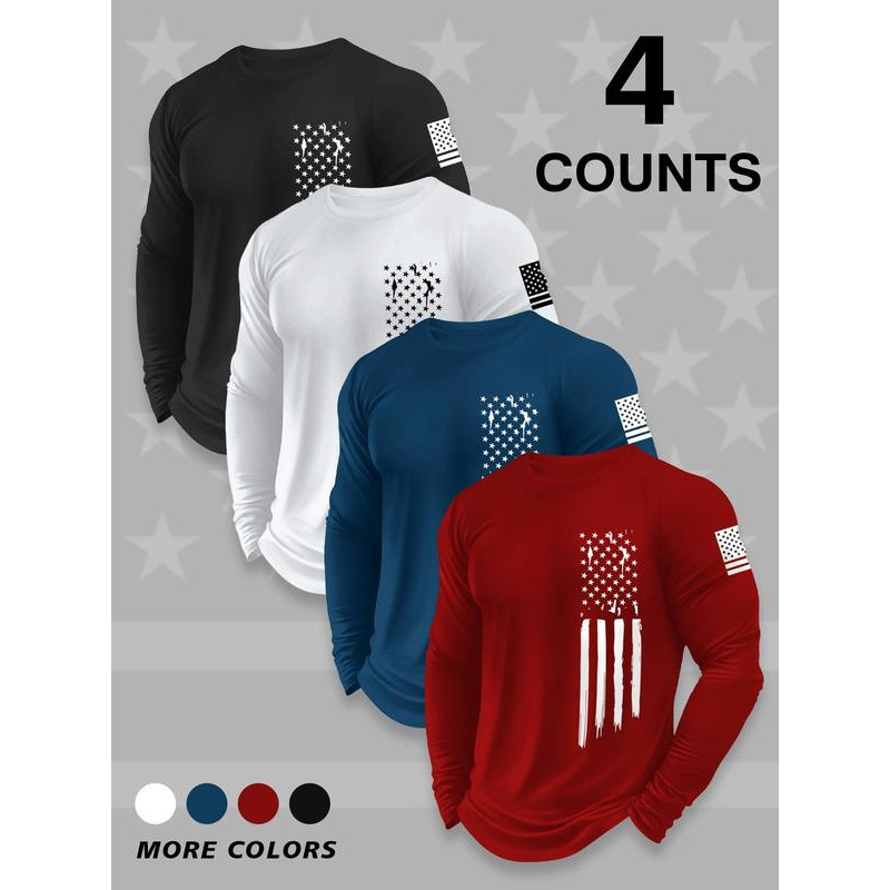 European Size Cross-Border Cotton Men's Letter & Flag Print Round Neck Long Sleeve t