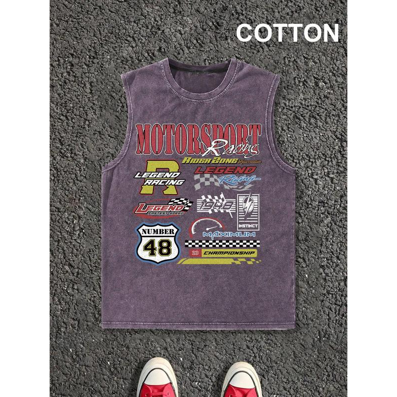 European Size Cross-Border Cotton Men's Vintage Graphic Print Round Neck Tank Top, C