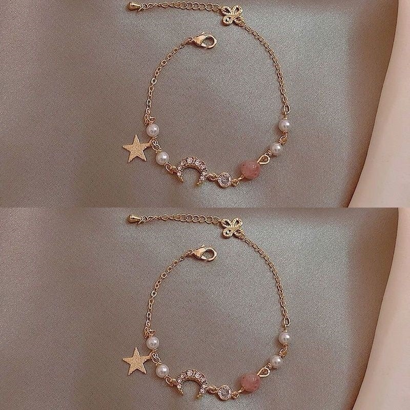 Women's Design Bracelet Trendy Fashion Simple Bracelet Best Friend Star and Moon Zircon Pearl Bracelet Niche Light Luxury Pearl Bracelet