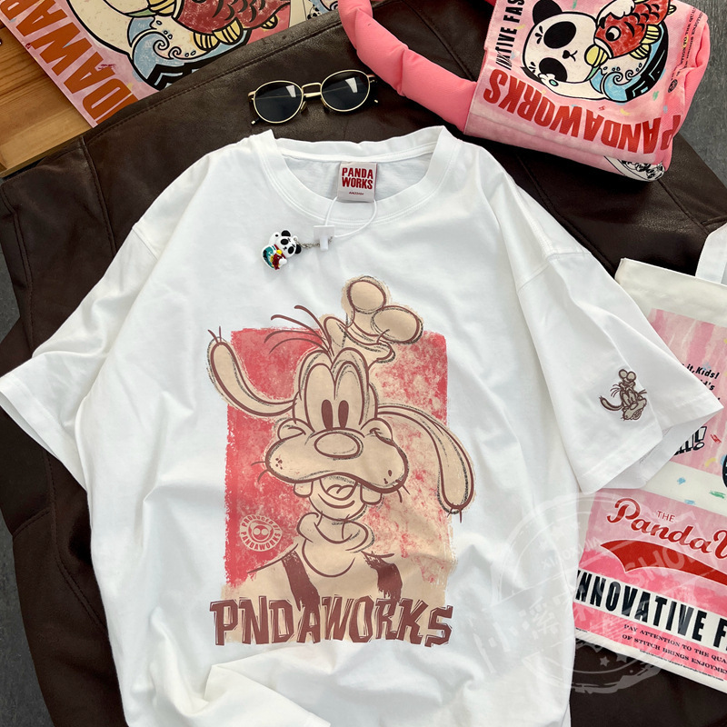 European Size Cross-Border Pure Cotton Cartoon Anime Short-Sleeved T-Shirt for Women 2024 Summer New Loose and Versatile Half-Sleeved White
