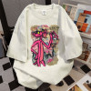 European Size Cross-Border Pure Cotton American Pure Cotton Cartoon Printed Short-Sleeved T-Shirt for Women 2025 Summer New Loose White Gray