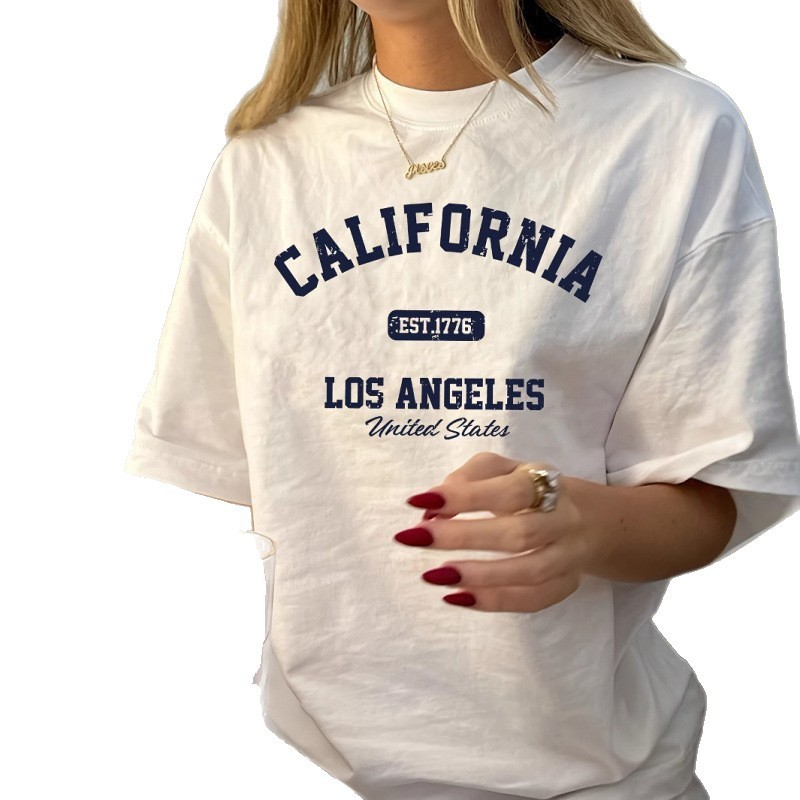 European Size Cross-Border Pure Cotton Women's Vintage California Los Angeles Graphic t
