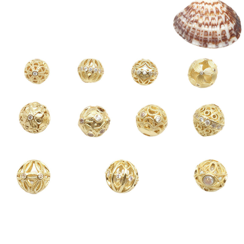 14k Gold-plated Zircon Hollow Flower Ball Separated Beads Loose Diy Handmade Bracelet