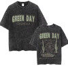230g Cotton Washed Vintage Punk Band Green Day T Shirts Men