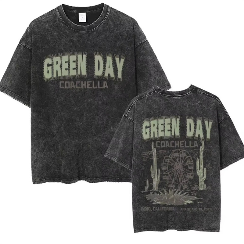 230g Cotton Washed Vintage Punk Band Green Day T Shirts Men