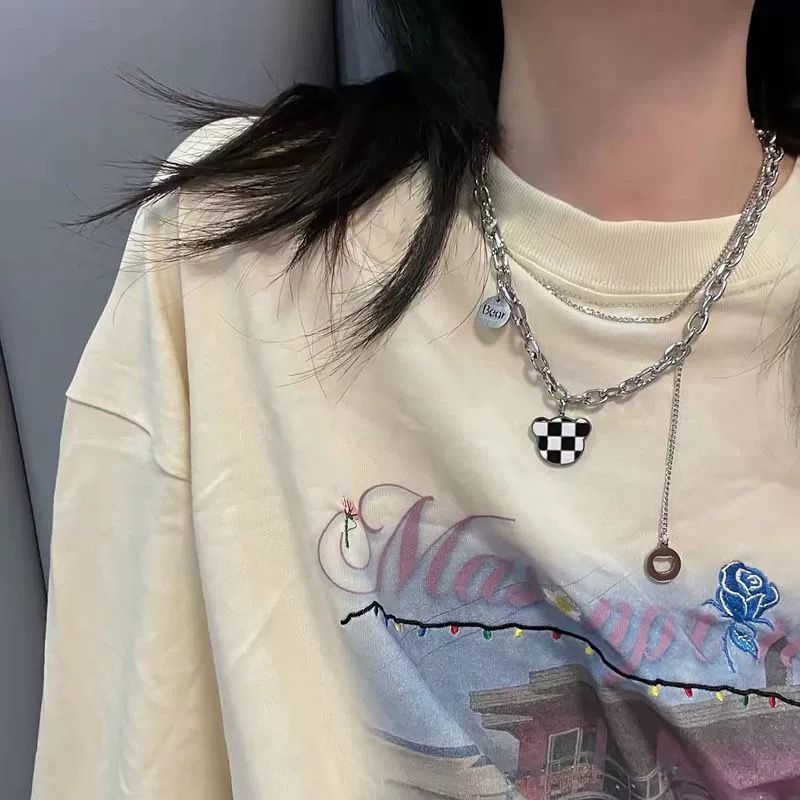 Cool Hip-hop Female Japanese and Korean Black and White Plaid Bear Tassel Medallion