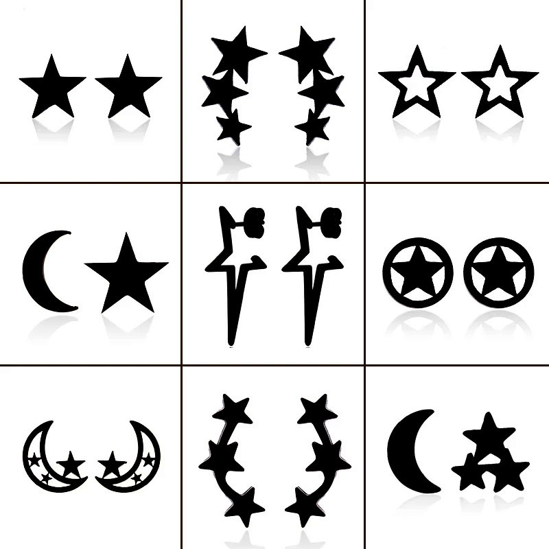 New Style Black Stainless Steel Simple Star and Moon Earrings Girls Personalized and