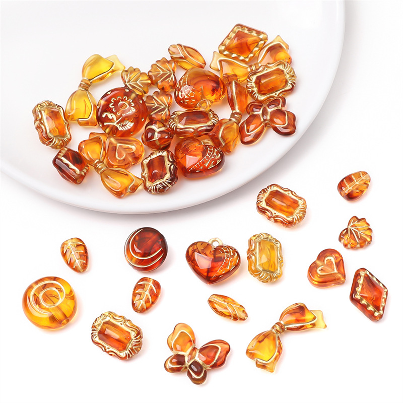 Acrylic Baroque Retro Amber Gold-painted Oval Olive Pattern Flat Beads Pumpkin Spacer Diy