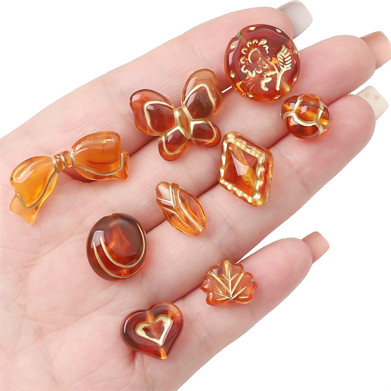 Acrylic Baroque Retro Amber Gold-painted Oval Olive Pattern Flat Beads Pumpkin Spacer Diy