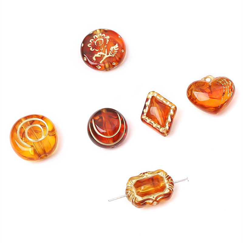 Acrylic Baroque Retro Amber Gold-painted Oval Olive Pattern Flat Beads Pumpkin Spacer Diy