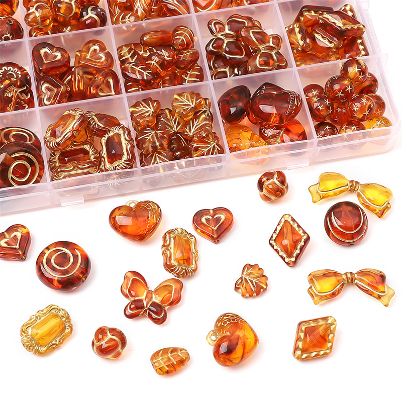 Acrylic Baroque Retro Amber Gold-painted Oval Olive Pattern Flat Beads Pumpkin Spacer Diy