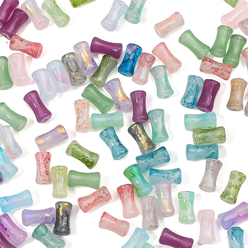 Glass Smudged Gold Bamboo Beads, Antique Bead Jewelry, Handmade Diy Hair Accessories