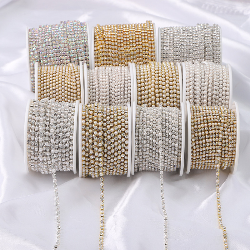 2mm-6mmab Color Encrypted Pearl Claw Chain Rhinestone Gold and Silver Bottom Diamond
