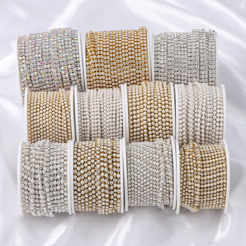 2mm-6mmab Color Encrypted Pearl Claw Chain Rhinestone Gold and Silver Bottom Diamond