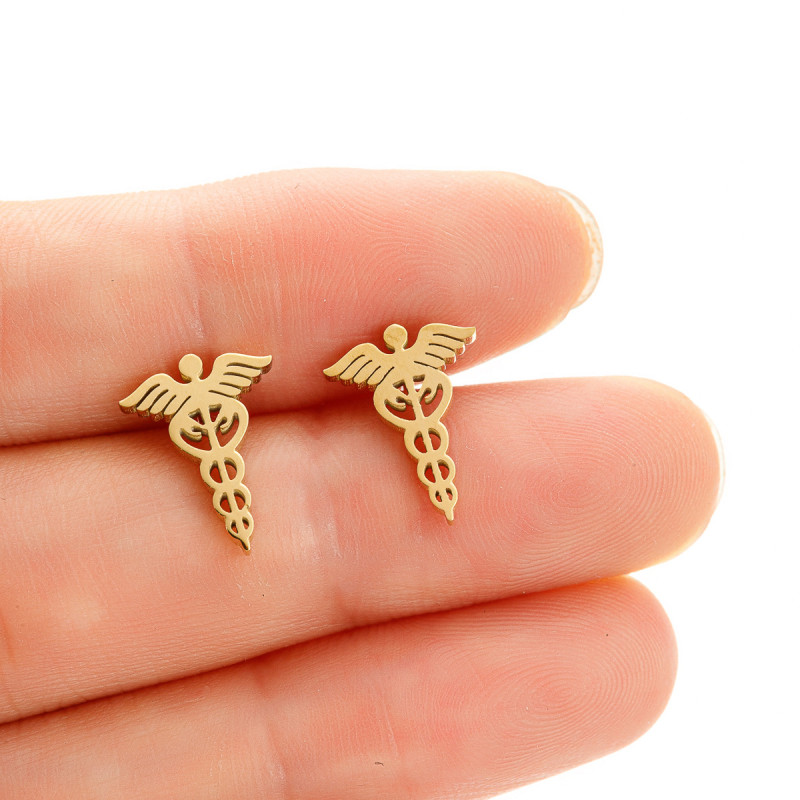 Retro Stainless Steel Snake Staff Wings Earrings Fashion Medical Symbol Nurse Doctor