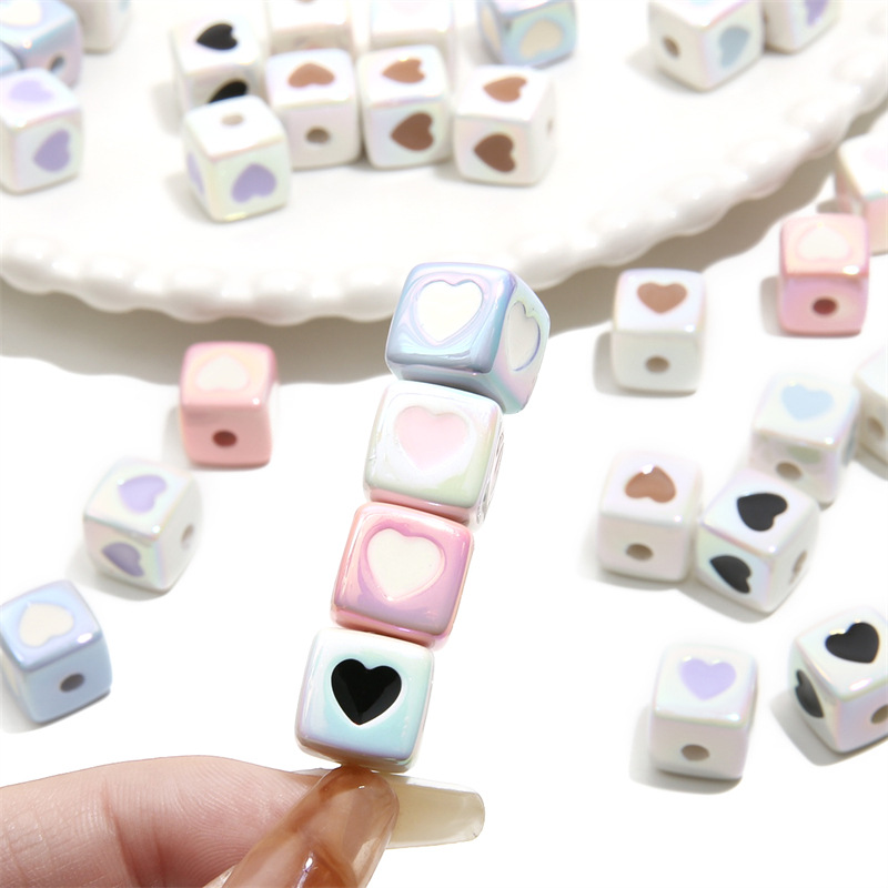 Acrylic Plated Color Drop Oil Square Four-sided Love Three-dimensional Beads Diy Handmade