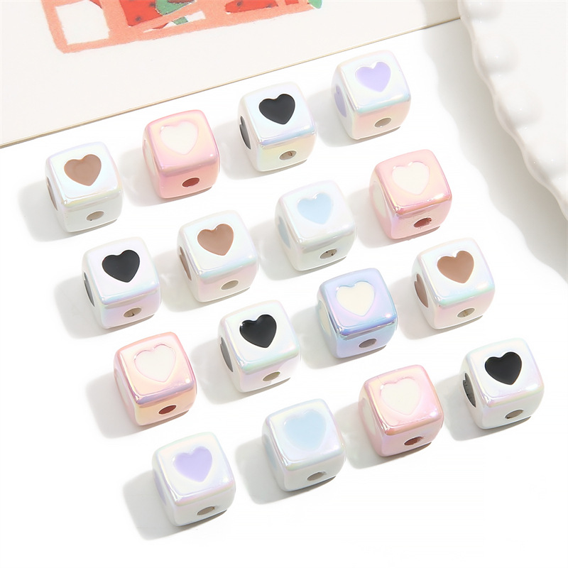 Acrylic Plated Color Drop Oil Square Four-sided Love Three-dimensional Beads Diy Handmade
