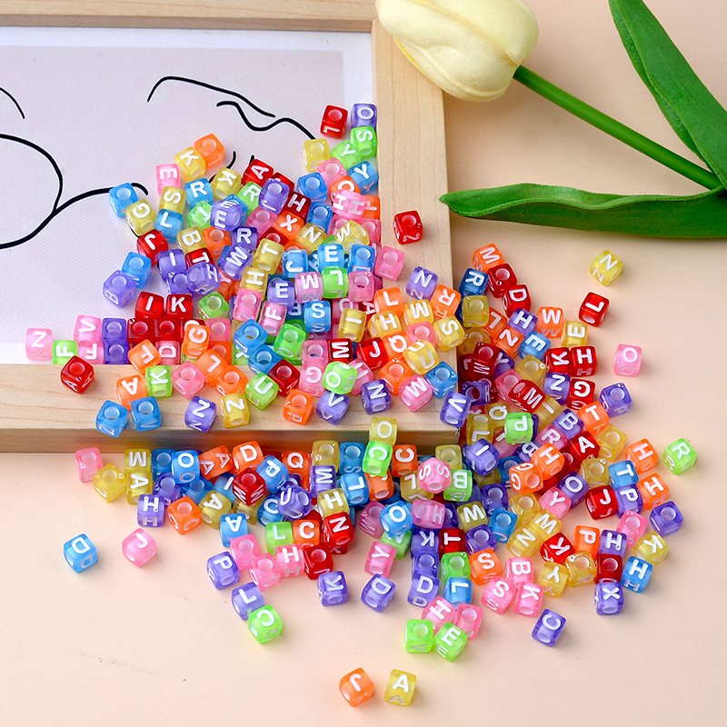 Candy Color Acrylic English Letters Loose Beads 7mm Square Diy Pendant Accessories