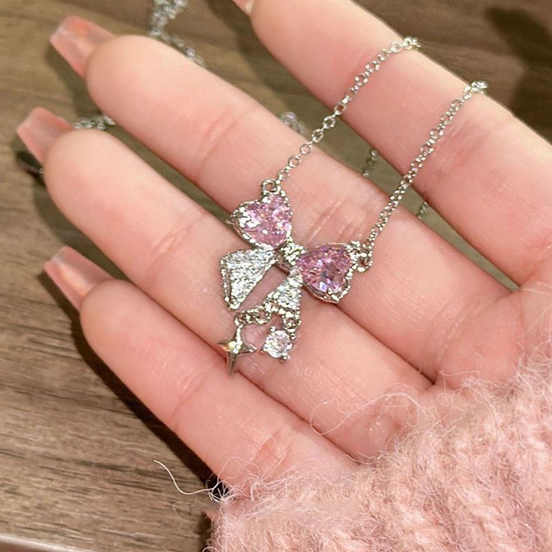 Popular Pink Bow Necklace Ins Student Sweet Cool Girl Clavicle Chain Versatile Light