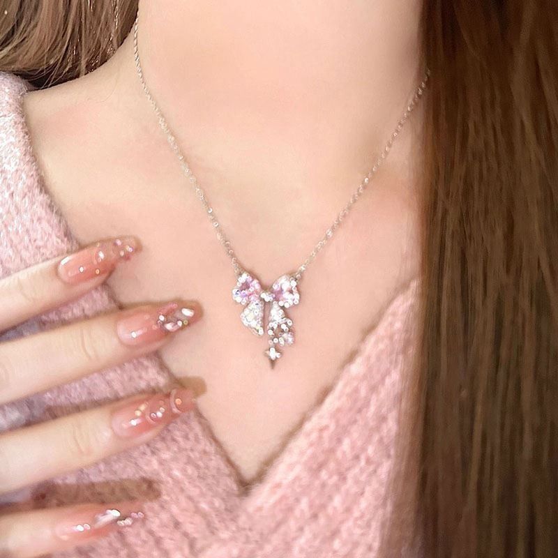 Popular Pink Bow Necklace Ins Student Sweet Cool Girl Clavicle Chain Versatile Light