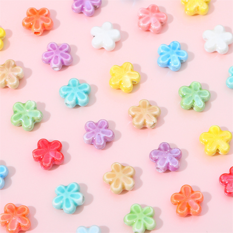Colorful Blooming Five-petal Flower Pattern Chubby Ceramic Beads Diy Jewelry Handmade