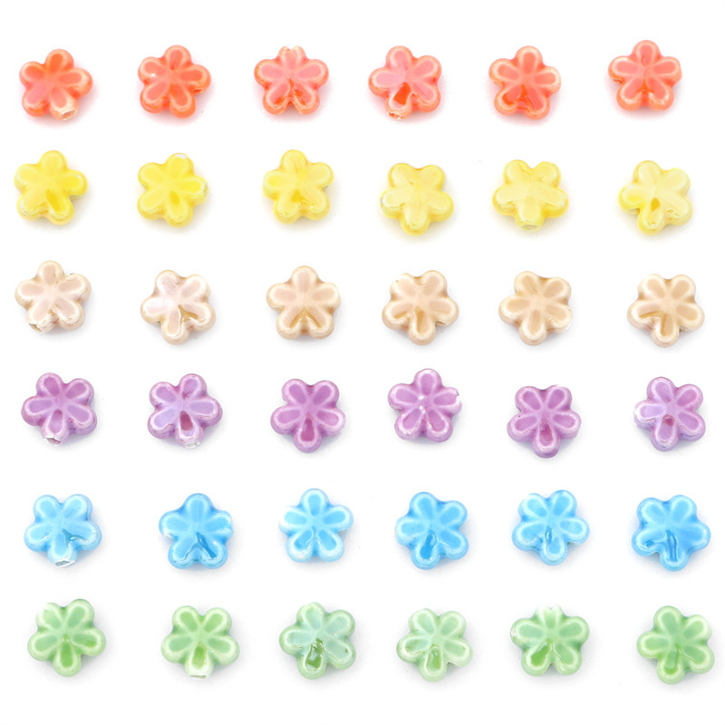 Colorful Blooming Five-petal Flower Pattern Chubby Ceramic Beads Diy Jewelry Handmade
