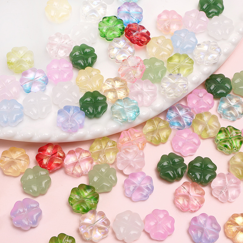 Colorful Glass Four-leaf Clover Flat Bead Bracelet Loose Beads Handmade Diy Necklace