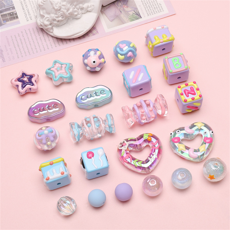 Acrylic Hand-painted Beads Round Square Handmade Diy Bracelet Necklace Bead Accessories