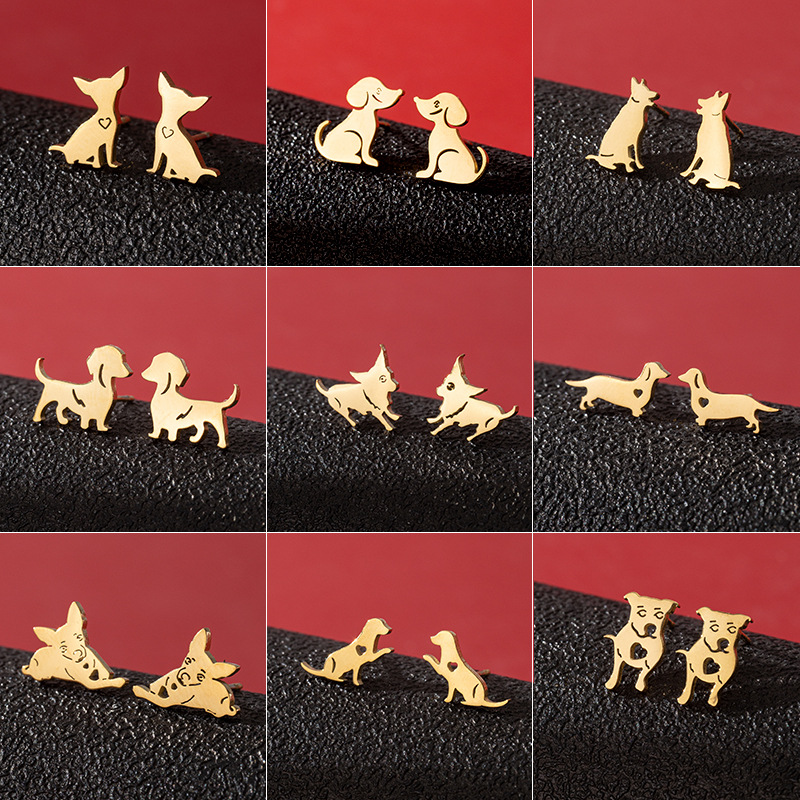 European and American Stainless Steel Zodiac Puppy Earrings Ins Style Small Fashion Cute