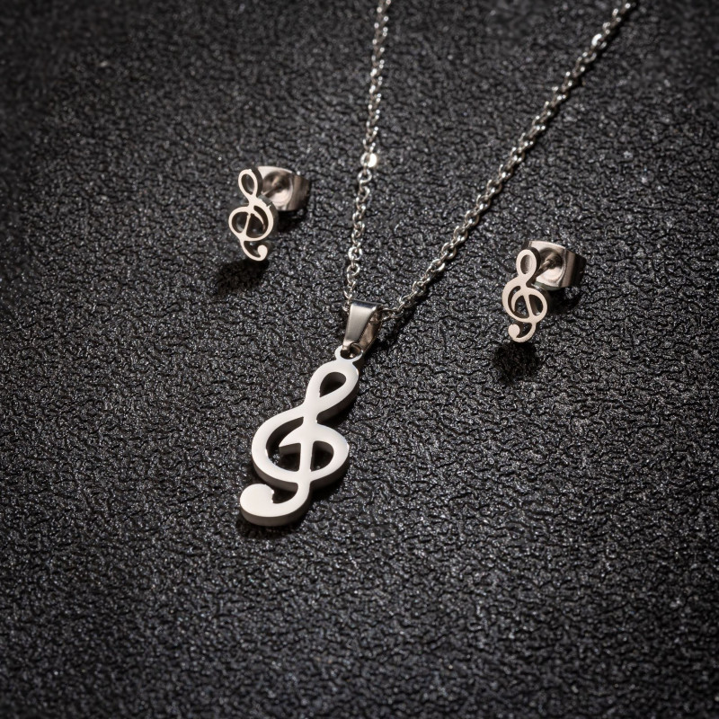 Girls Music Series Stainless Steel Note Pendant Necklace Earrings Three-piece Jewelry Set