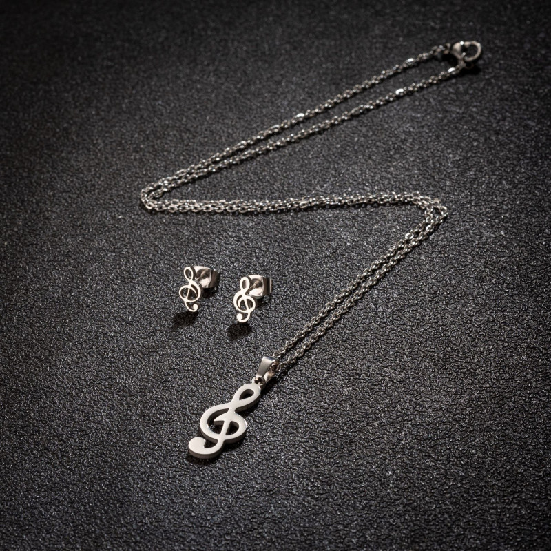 Girls Music Series Stainless Steel Note Pendant Necklace Earrings Three-piece Jewelry Set