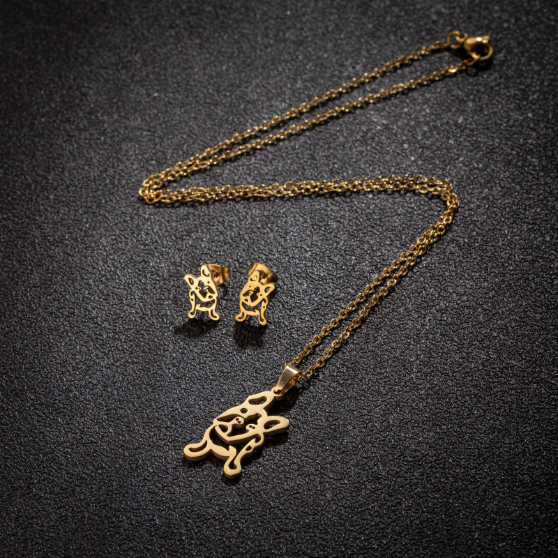 European and American Stainless Steel Jewelry Three-piece Animal Pug Chihuahua Gecko Bird
